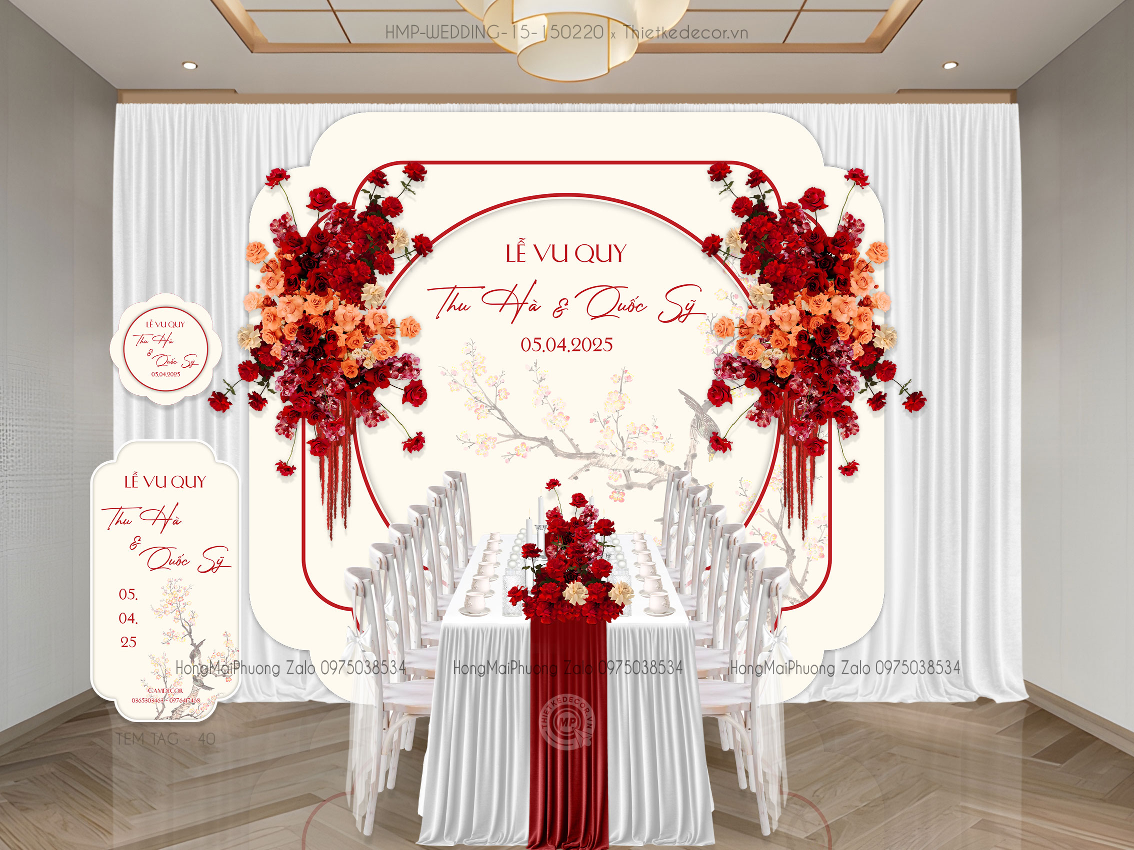 Gia tiên tone kem đôi chim uyên ương trên cành cây kèm tem nước và tag bàn